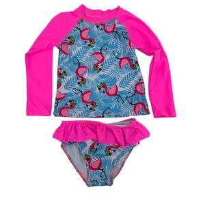 Amazon Girls Kids 9-10Y Pink Flamingo Print 2 Piece Rush Guard Bikini Swimwear